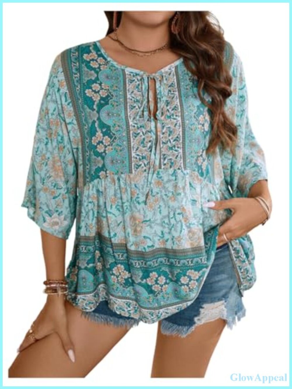 Flowy Ruffle Hem Boho Peplum Blouse 3/4 Sleeve Plus Size Casual